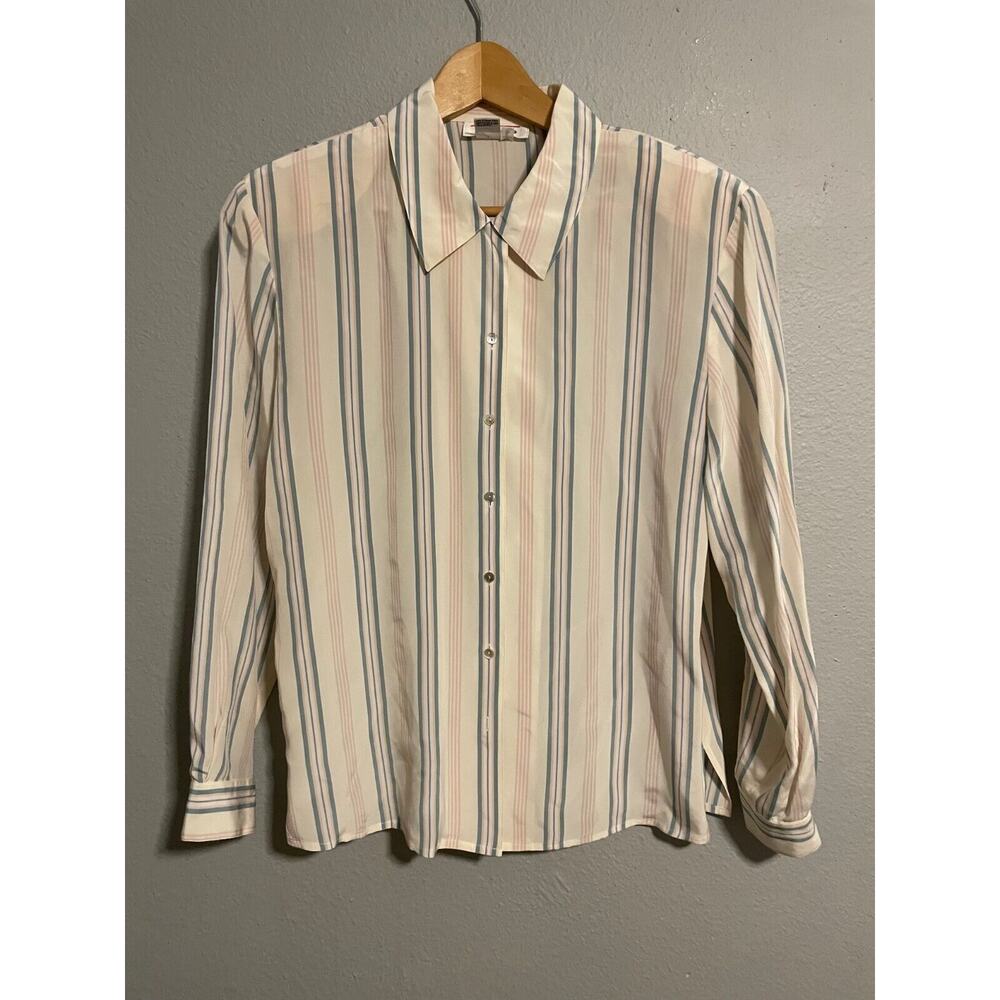 Vintage Talbots Women Top Size 10 Silk Pastel Striped Long Sleeve Button Up FLAW
